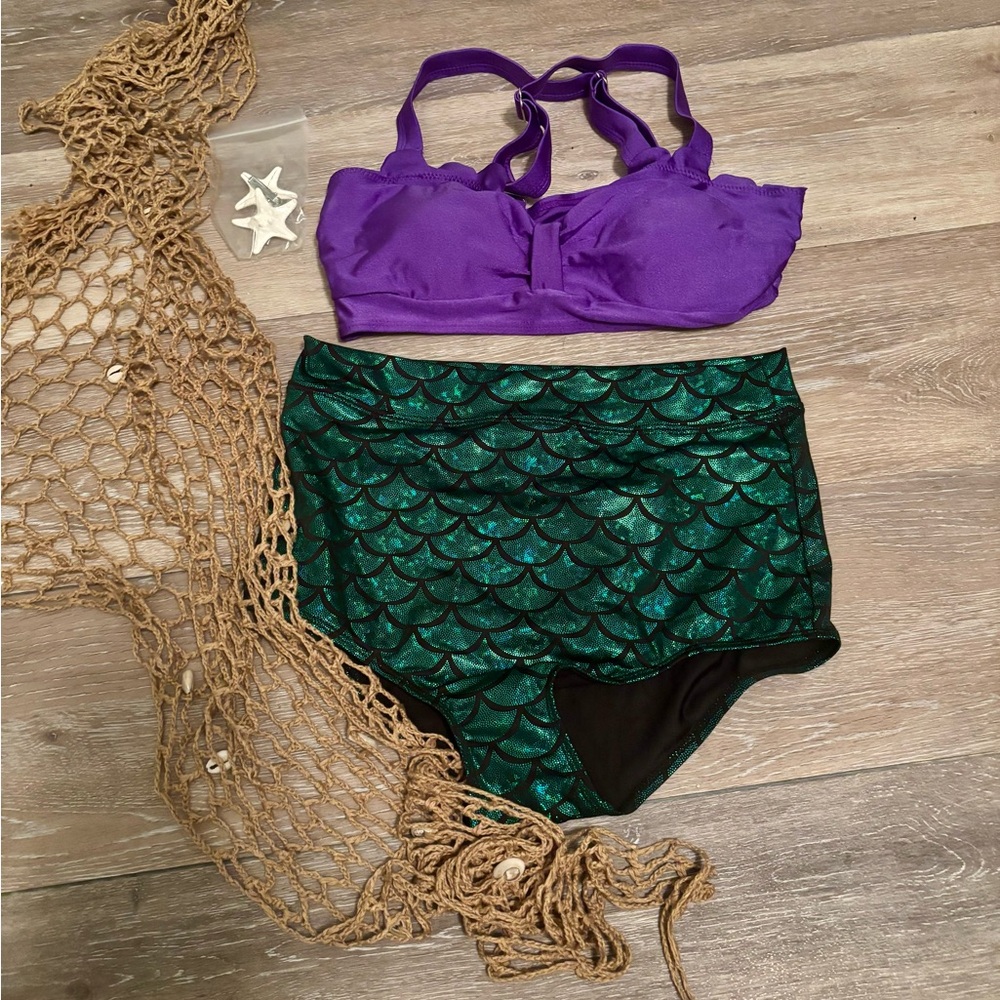 Purple Bikini Top and Green Mermaid Scale High-Waisted Bottoms NWOT
